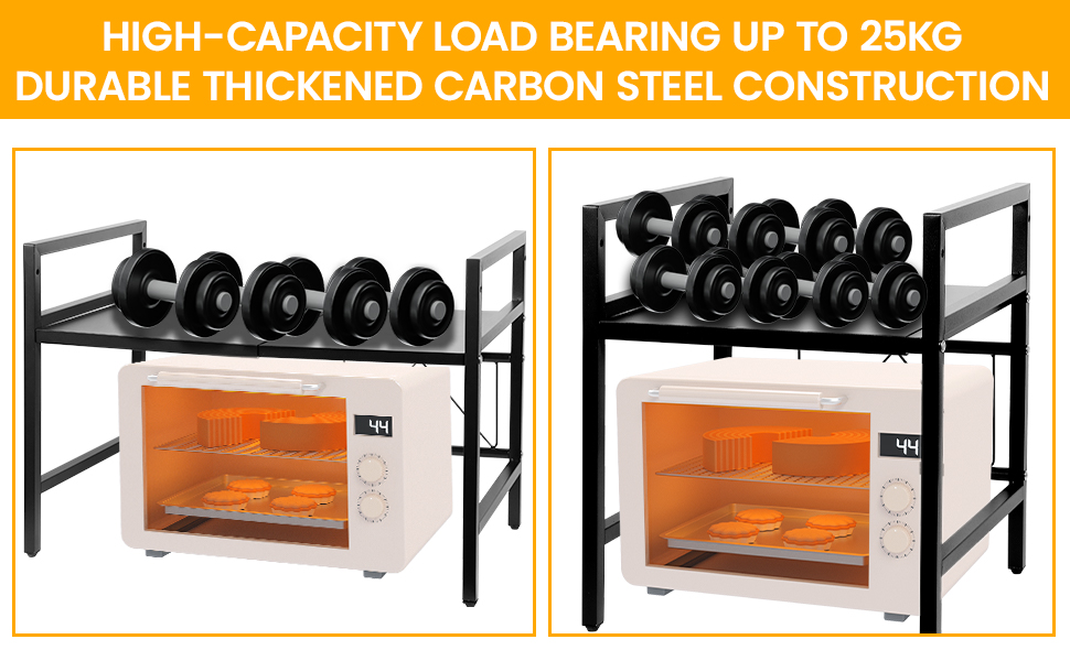 Регульована полиця для мікрохвильової печі, 2-ярусна, розширювана полиця для кухні з вуглецевої сталі з 8 гачками, підставка для кухонного приладдя, стійка для мікрохвильової печі та органайзер для кухні