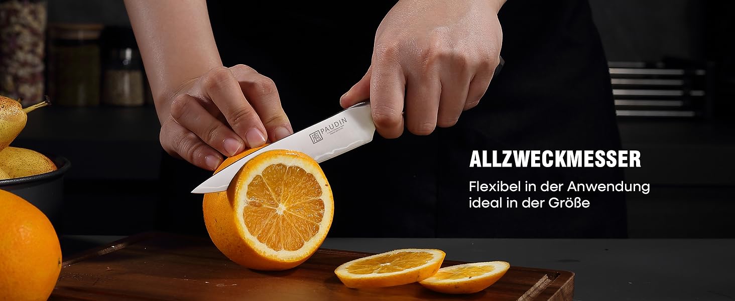 Набір кухонних ножів PAUDIN 4 шт: кухонний ніж, саторі, універсальний ніж, ніж для овочів. Професійний, гострий, з нержавіючої сталі 10Cr15CoMoV (твердість 62 HRC), з ергономічною дерев'яною ручкою