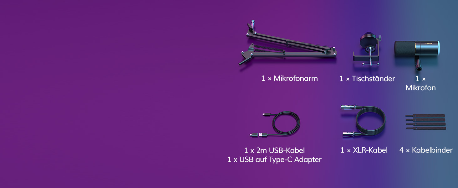 Мікрофон TONOR TD510+ для стримінгу, студії та запису. XLR/USB, динамічний, з регульованою ніжкою та RGB підсвічуванням. Чорний колір