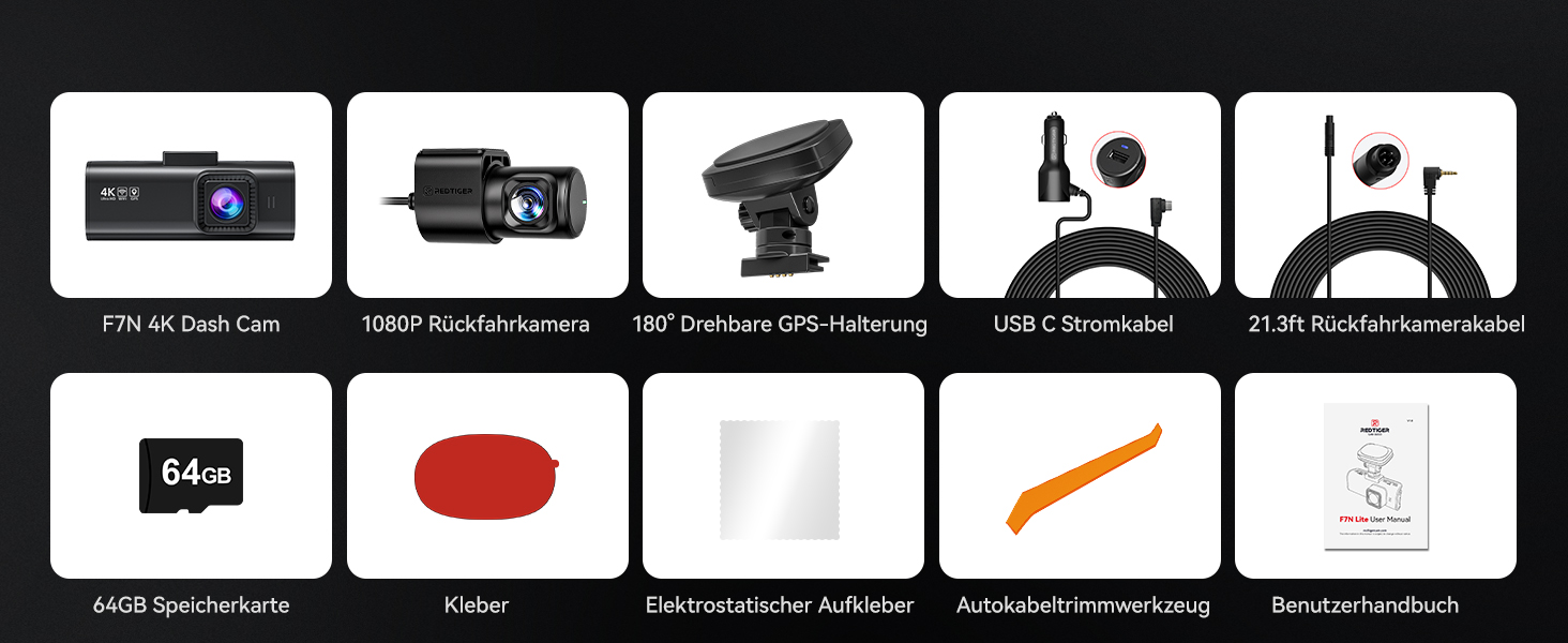 Відеореєстратор REDTIGER F7N Pro 4K, Dual (перед + зад), STARVIS, 64GB, WiFi, GPS, IPS 3.18