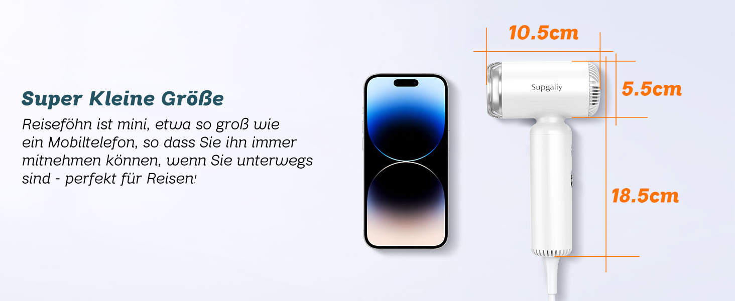 Подорожній фен з дифузором, легкий та компактний 1500W, Supgaliy Mini Іонний фен (290г, суперлегкий, 2 аксесуари для укладки, 4 температурні режими, 2 швидкості повітря)