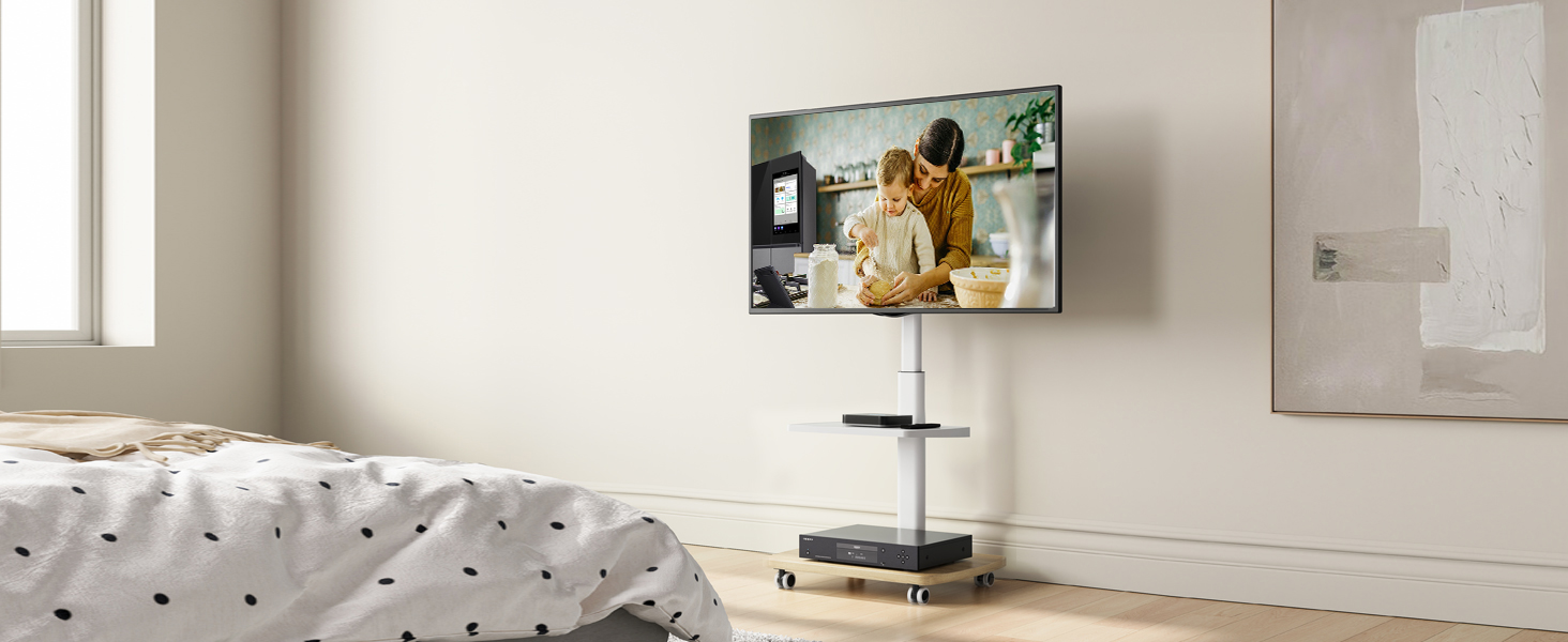 AOKCOS Rolling TV Stand with Wood Shelf - Adjustable Height & Swivel - Fits 32-65 Inch TVs - Up to 40kg, VESA 400x400mm
