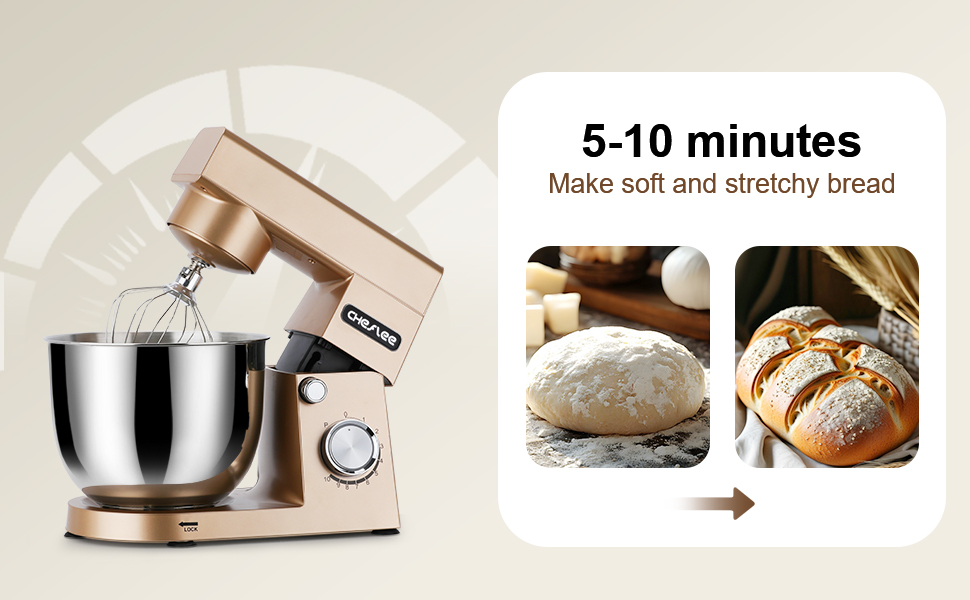 Кухонна машина Cheflee 1500W з місткими чашами з нержавіючої сталі (4.5L, 5.5L) та 10+ швидкостей, набір насадок (міксер, гак для тіста, вінчик, захист від бризок) (Золота)