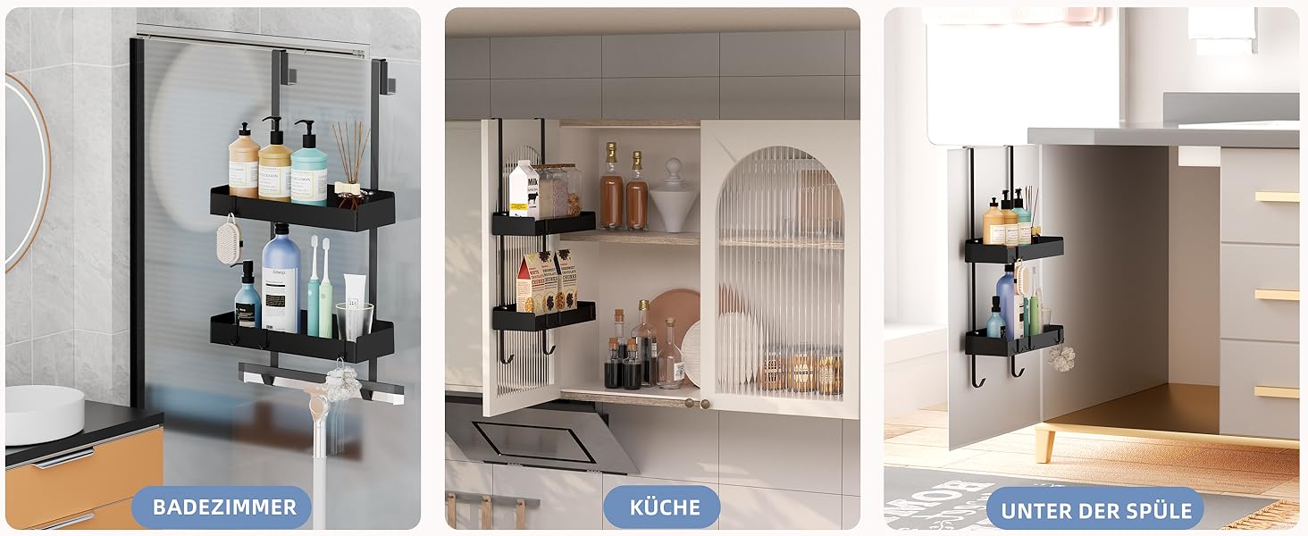 Підставка для душу настінна, полиця для душу з кріпленням для скляних душових кабін, тримач для шампуню в душ, корзина для душу без свердління, чорна з 8 гачками, нержавіюча сталь 65.5x30x11.2 см