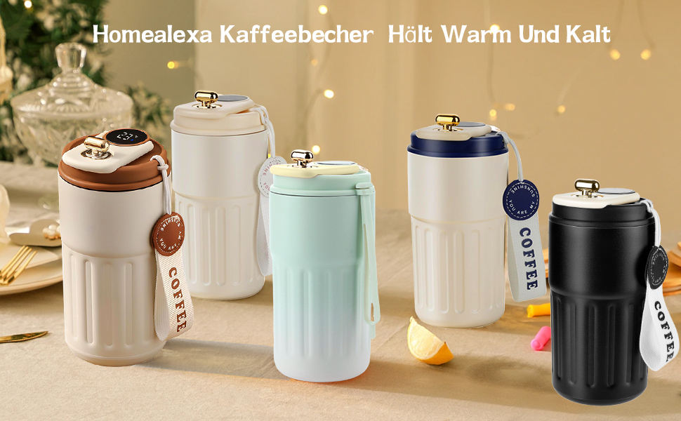 Термокружка для кави HomeAlexa з цифровим дисплеєм, 410 мл, нержавіюча сталь 316, ізольована, з кришкою, для подорожей