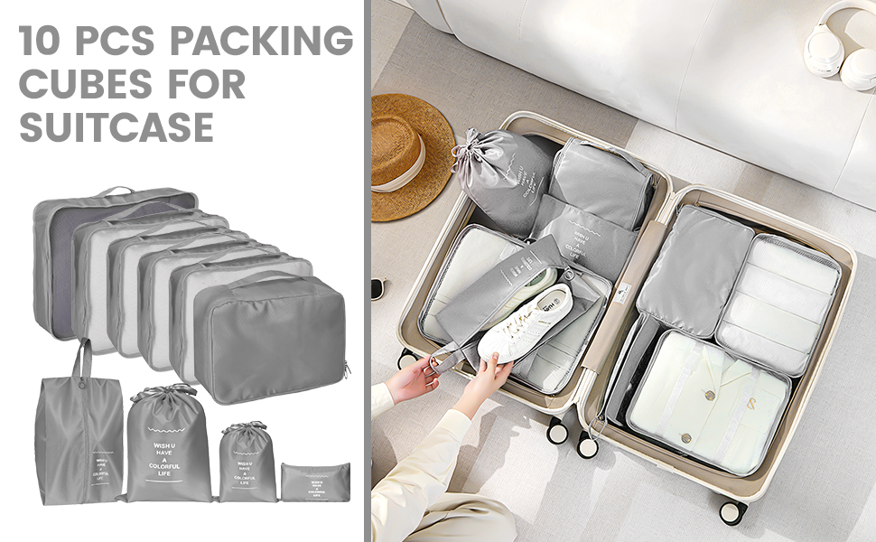 Органайзер для валізи Zorplex, набір 10 шт: кубики для пакування, аксесуари для подорожей, сумки для одягу, взуття та косметики (сірий)