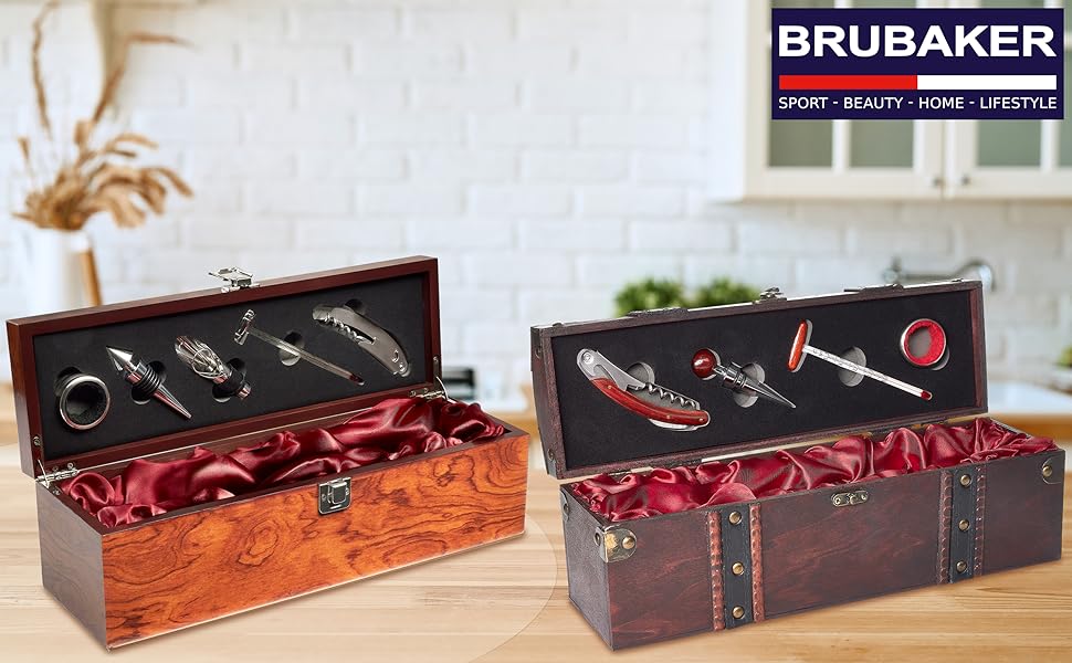 Набір аксесуарів для бару BRUBAKER 6-в-1 з ящиком для вина - дизайн з благородного дерева - набір сомельє з нержавіючої сталі з виливальником + пробкою + термометром для вина + кільцем від крапель - подарунковий набір сріблястого кольору