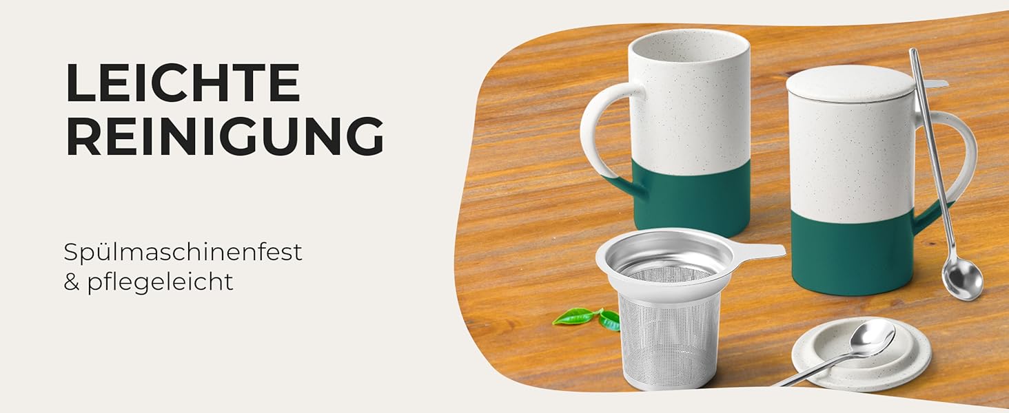 Набір чашок для чаю Miamio 2 шт по 500 мл з кришкою та ситом, керамічні чайники з чайним ситом та ложкою для заварювання листового чаю, подарунок для жінок, безпечні для мікрохвильової печі та посудомийної машини (Темно-зелений)