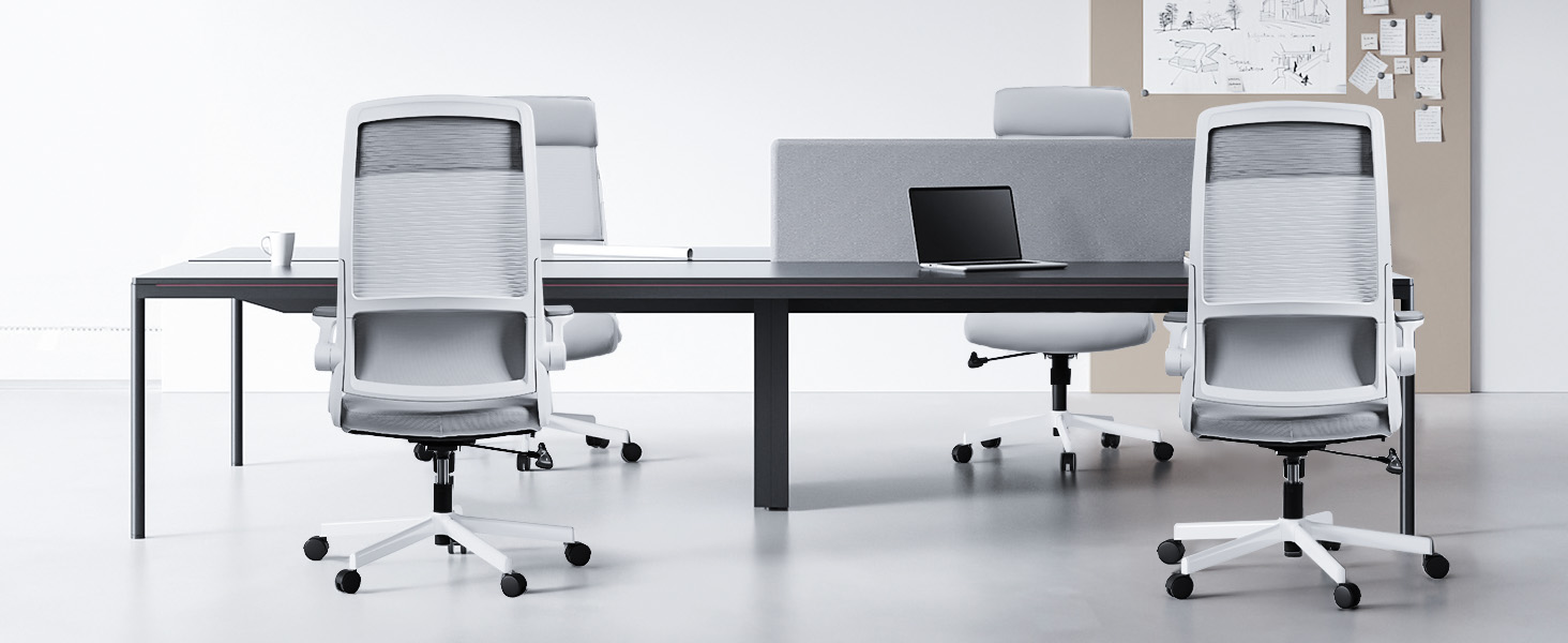 Ергономічне крісло для офісу з регульованою підголовником, сітчасте крісло для столу, відкидні підлокітники, широке сидіння, функція гойдання, комп'ютерне крісло EN 1335, офісне крісло 200 KG, сіре