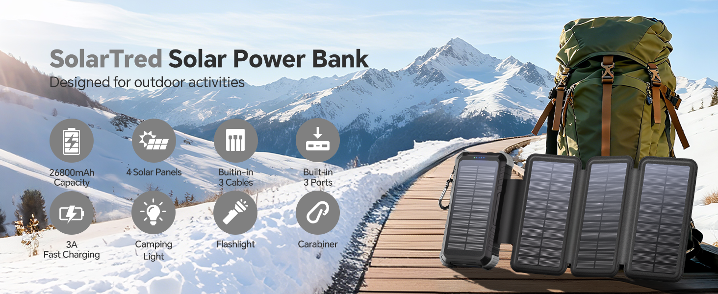 Сонячний Power Bank 26800mAh з 5 виходами USB та USB-C, водонепроникний, з ліхтариком та карабіном, для кемпінгу та зарядки телефонів/планшетів (сірий)