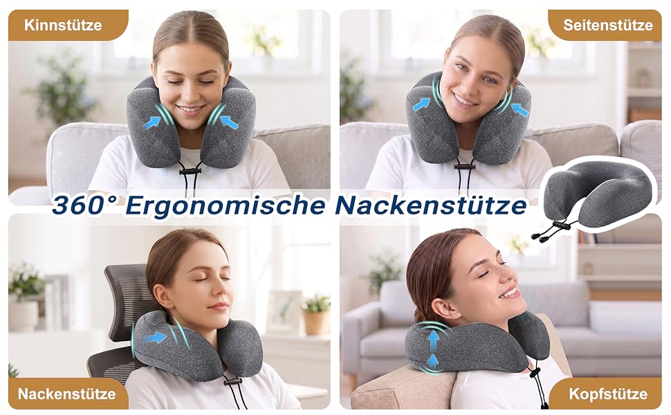 Подушка для подорожей Kobete з ефектом пам'яті (Memory Foam) для шиї в літак, авто та потяг, сіра — набір з 3D-маскою для сну, берушами та сумкою