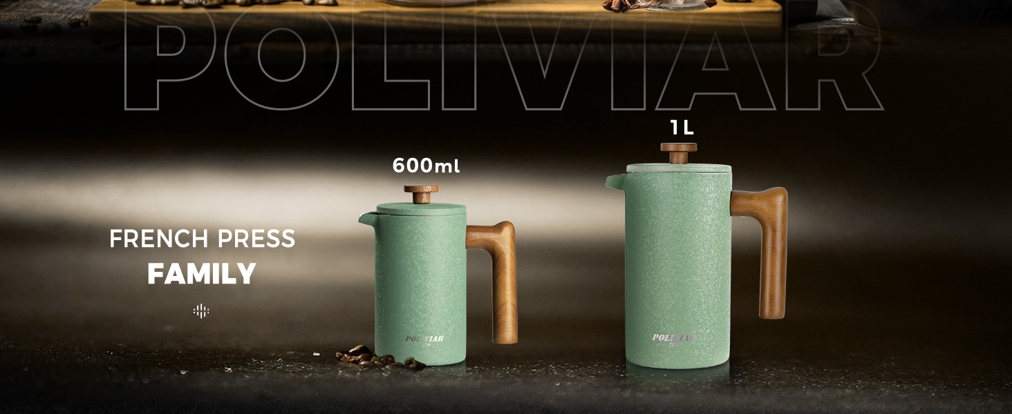 Френч-прес Poliviar 1 л / 8 чашок, з подвійними стінками, ізольований, для кави та чаю, з дерев'яною ручкою, Flatland (зелений)
