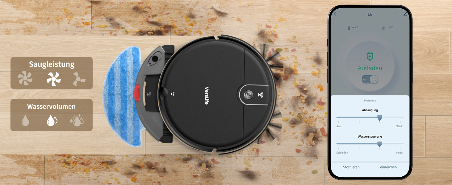 Робот-пилосос VersLife L6 з функцією миття, 4000Pa, керування через додаток, Alexa, до 120 хвилин роботи, ультратонкий дизайн, для шерсті тварин, килимів та твердих підлог, чорний