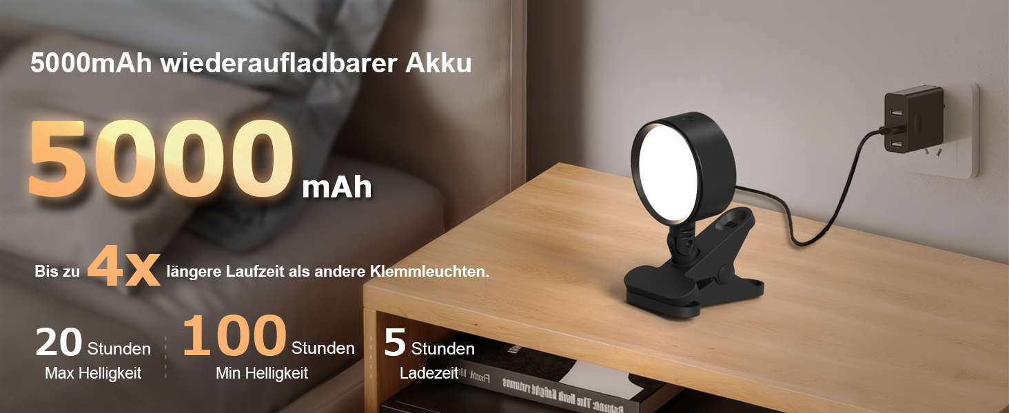 Нічник на ліжко акумуляторний бездротовий з USB-C, 5000mAh, з кліпсою, димуючий сенсорний пульт, 3 кольори, поворотний на 360°, для спальні, кемпінгу, чорний