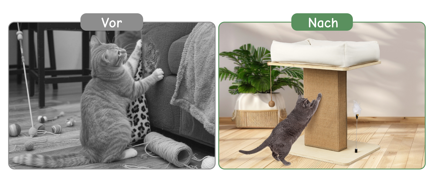 Котячий будиночок з дряпалкою Luxus: широка колона з берези, міцний, до 25 кг, сизаль, велике ліжко з подушкою з органічної льону, легко збирається, бежевий колір