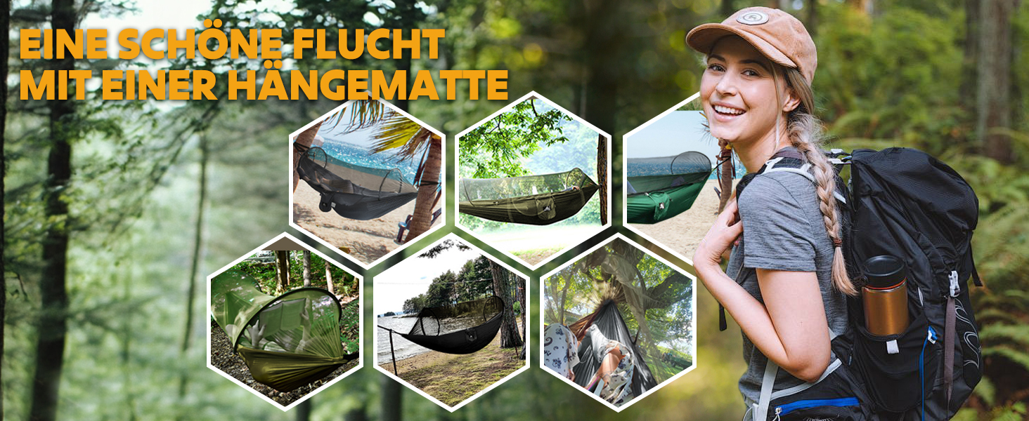 Гамак для кемпінгу NATUREFUN з москітною сіткою | Легкий, міцний (300 кг), дихаючий, швидковисихаючий, армійний зелений | 2 карабіни, 2 стропи в комплекті