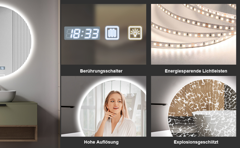 Дзеркало для ванної кімнати Viugreum з підсвічуванням 50x75 см, овальне LED дзеркало, регульована яскравість, 3 кольори світла, протитуманне покриття, годинник, сенсорна кнопка, LED дзеркало для ванної кімнати, вітальні (60 см кругле)