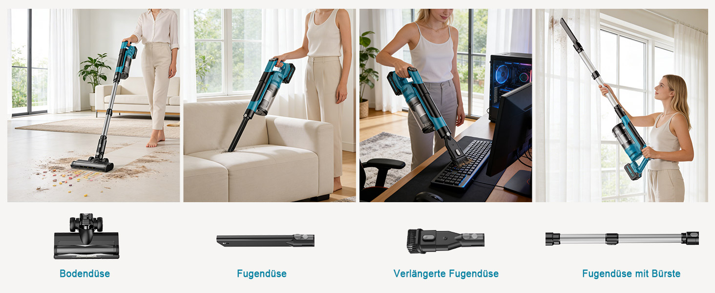 Бездротовий акумуляторний пилосос 700W з 2 акумуляторами 4.0 Ah, LED-дисплеєм, щіткою проти ковтунів, об'ємом 2L, синього кольору. Підходить для килимів, шерсті тварин та твердих підлог.