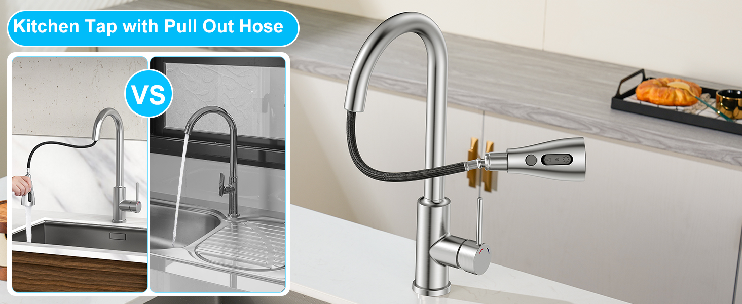 Змішувач кухонний висувний з високим напором, 360° обертання, 4 режими, нержавіюча сталь, ABS-розпилювач, для одного отвору, G3/8 з'єднання (тільки для ЄС)