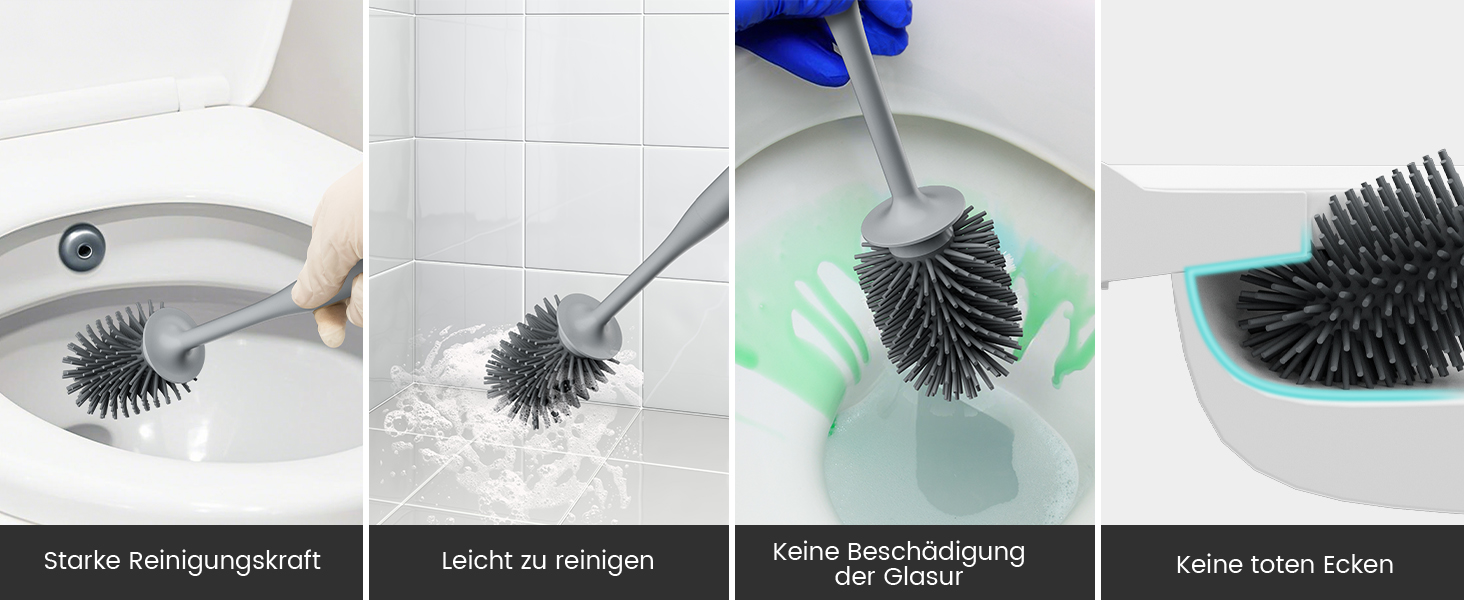 Силіконова щітка для унітазу Maxuni Stück з тримачем, без свердління, для кріплення на стіну/підлогу, довгий руків'я
