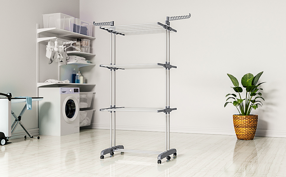 Сушарка для білизни тур-тип на коліщатках, сіра. Розкладна конструкція, 6 крил, 2 бічні крила, для дому та вулиці