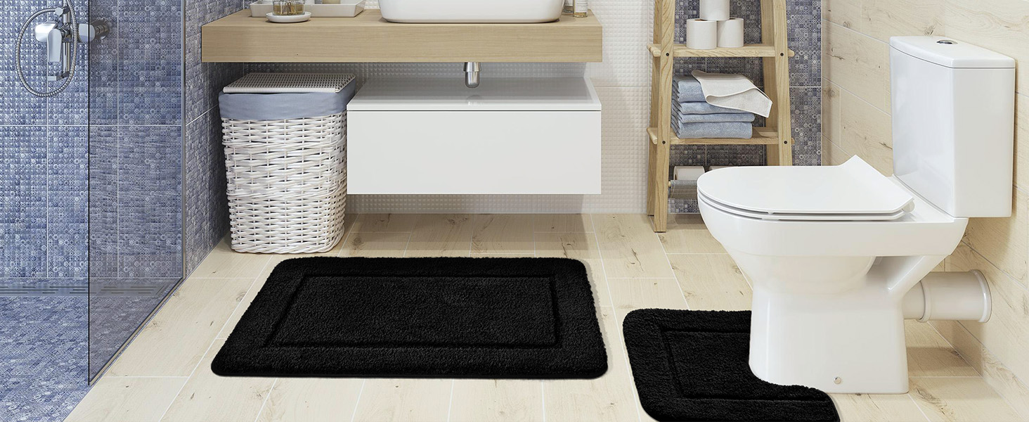 SOANNY Bath Mat Set - 2 Pack Microfiber Bathroom Rugs - Non-Slip, Water Absorbent - 53x86 cm & 50x50 cm - Black