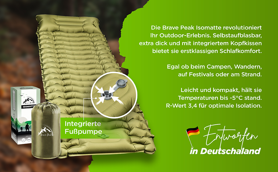 Brave Peak Self-Inflating Sleeping Pad with Pillow - 10cm Thick, Warm, Lightweight & Compact for Outdoor, Trekking & Hiking
