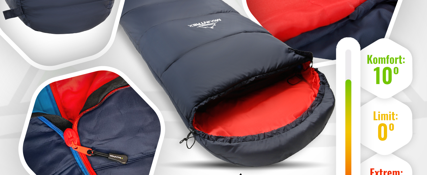 Сплячий мішок MOUNTREX® - компактний та ультралегкий (760г/1500г) - Outdoor (100GSM) / 3-4 сезони (300GSM) - Мумієвидний спальний мішок – кемпінг, подорожі, фестивалі – теплий та з'єднуваний (Темно-синій/Червоний),