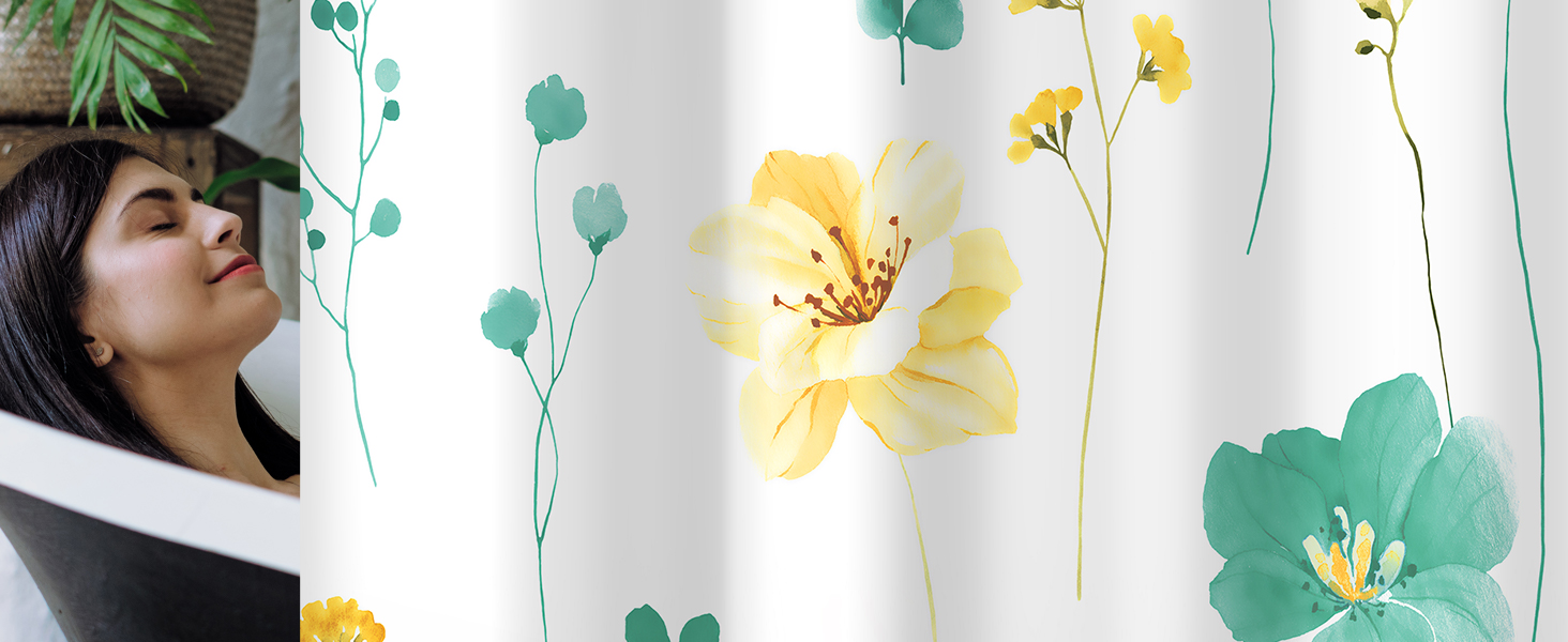 Штора для ванної кімнати 240x200 см, квіти, антигрибкова, водовідштовхувальна, поліестер, з кільцями для душу (М'ятний)