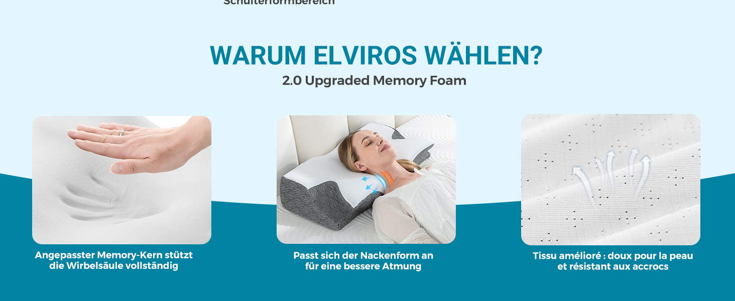 Ортопедична подушка Elviros з Memory Foam, ергономічна подушка для шиї, для тих, хто спить на боці, спині та животі, знімний чохол, Space Grey, 64×(11,5/13)×40 см