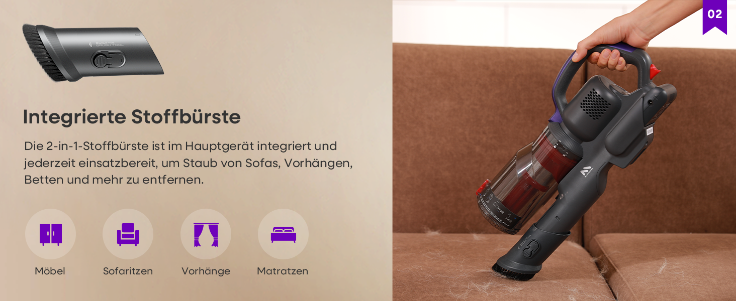 Бездротовий акумуляторний пилосос AlloyMove A03 Lila: потужність 450W, 45000Pa, LED, 60 хвилин роботи, для тварин, килимів, твердих поверхонь