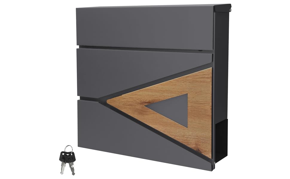 Поштовий ящик ML-Design 37x36,5x11 см антрацит/під дерево, сталевий, з газетницею, замок на 2 ключі, сучасний настінний дизайн