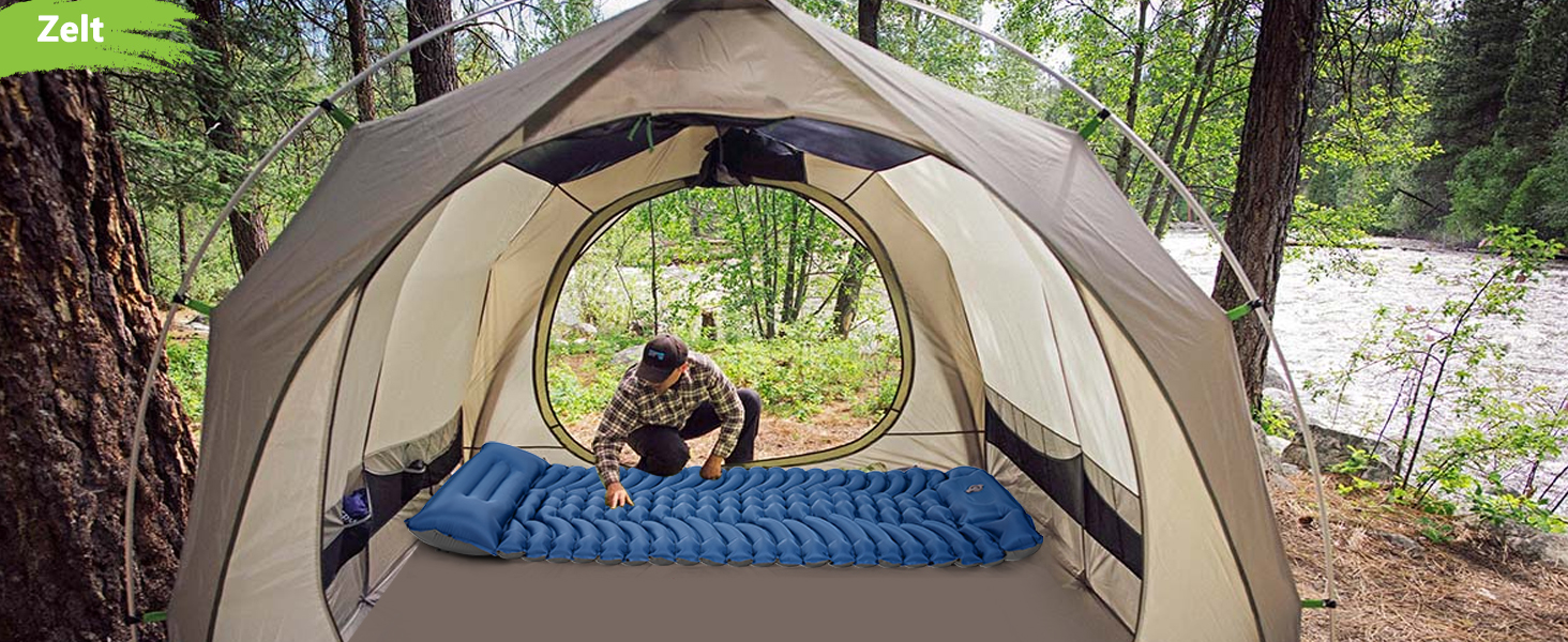 MEIJO Саморозгортальний килимок для кемпінгу, ізомат, туристичний килимок, самонадувна повітряна матрац для відпочинку на природі, похідів, кемпінгу, пляжу, блакитний & сірий