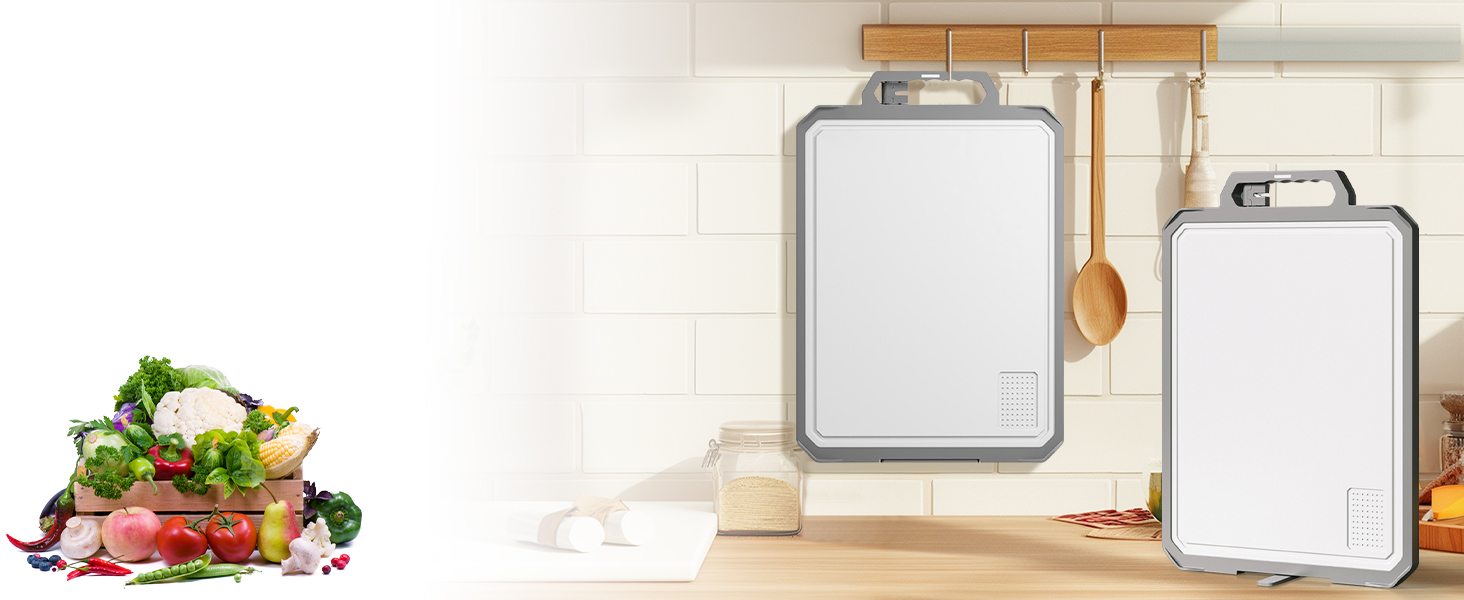 Ніжне нарізне дошка XIAPIA з нержавіючої сталі 304 та пластику з точилкою для ножів, 44x30x2,6 см, велика кухонна дошка з антибактеріальним покриттям, без BPA, з вбудованим ручкою та лінійкою, сіра