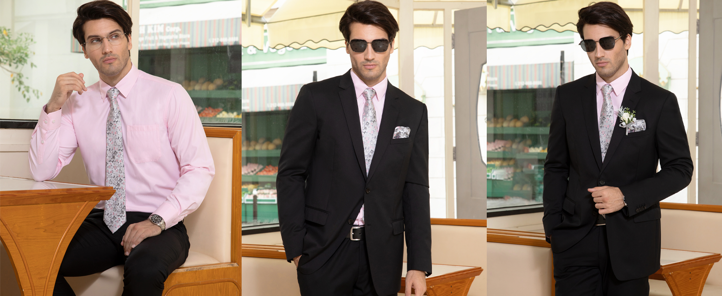 Чоловіча краватка HISDERN 160 см з кишеньковим хустиком. Набір для весілля, бізнесу. Шовкова краватка з квітковим принтом чорного та червоного кольорів.