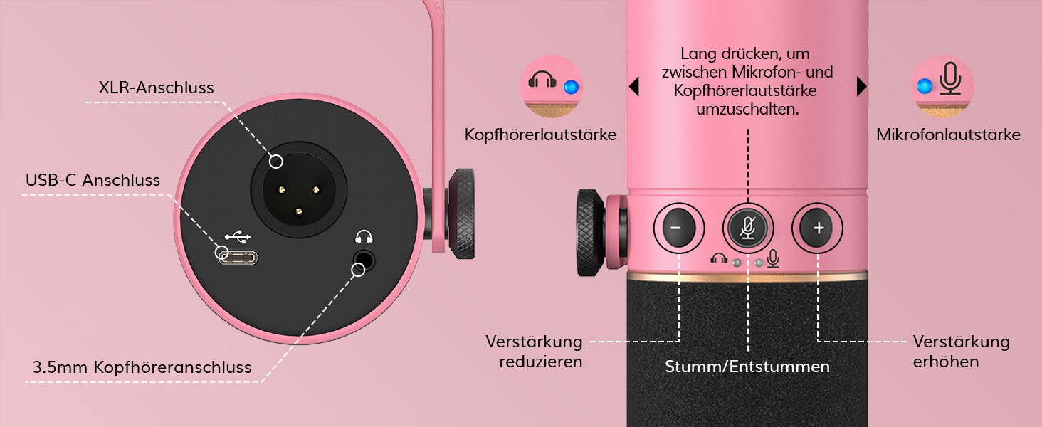 Мікрофон TONOR TD510+ для стрімінгу та запису, XLR/USB, рожевий