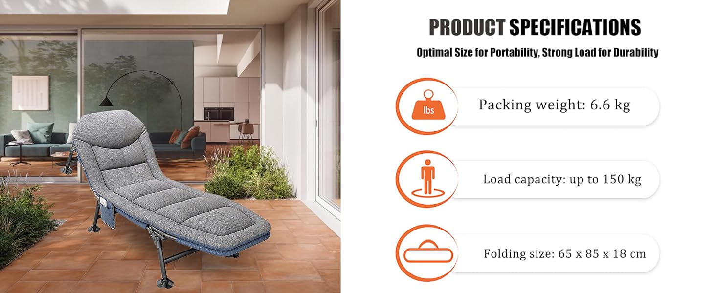 Розкладне ліжко-крісло для кемпінгу з матрацом, 6 положень спинки, ліжко для риболовлі, туристичне ліжко XXL, 65x190x30 см, односпальне, для гостей, сіре (2 шт.)