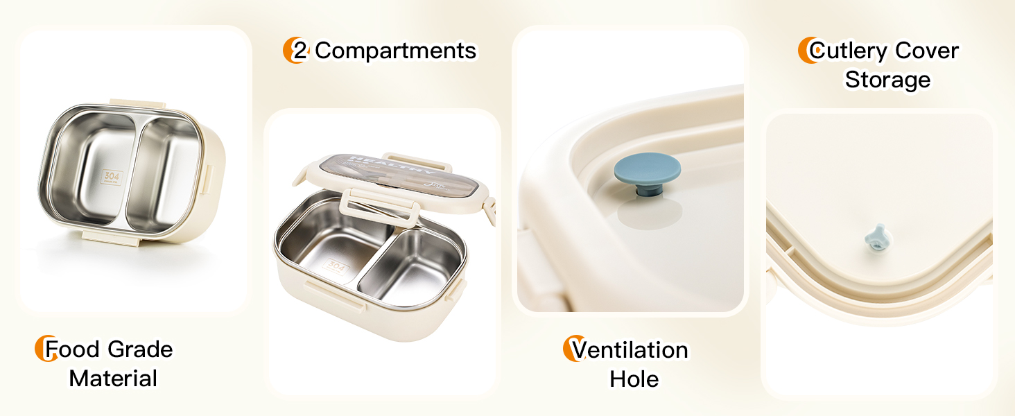 Ланчбокс Lille Home з нержавіючої сталі з 2 відділеннями, 850 мл, витокозахисний, з сумкою та столовим прибором, BPA-free (Бежевий)
