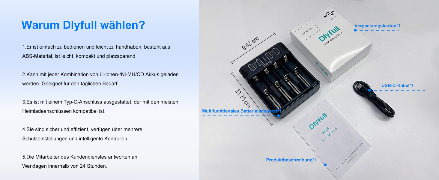 Зарядний пристрій Dlyfull для акумуляторів 18650, 4 слоти, USB-C, LED дисплей, швидка зарядка, сумісний з 18650, 21700, 17500, 16340, 26650, AA, AAA, C, 3.7V Li-Ion та 1.2V NI-MH/NI-CD