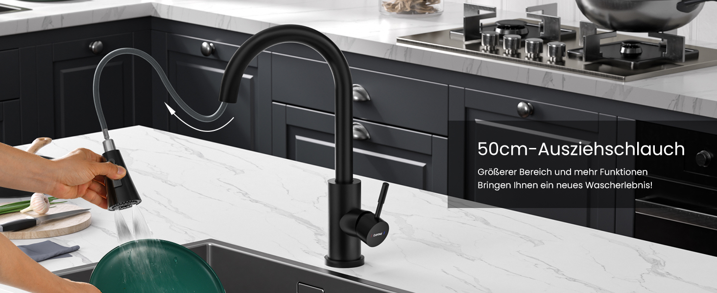 Кухонний змішувач DayOne з висувною лійкою, нержавіюча сталь SUS304, високий тиск, кухонний кран з 2 функціями, поворотний на 360°, для кухні (низький тиск, 247mb-niederdruck)