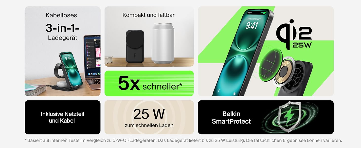 Зарядний станція Belkin UltraCharge 3 в 1 з Qi2.2, 25W, сумісна з MagSafe, для iPhone, AirPods, Apple Watch, Pixel, з адаптером 45W - Чорний