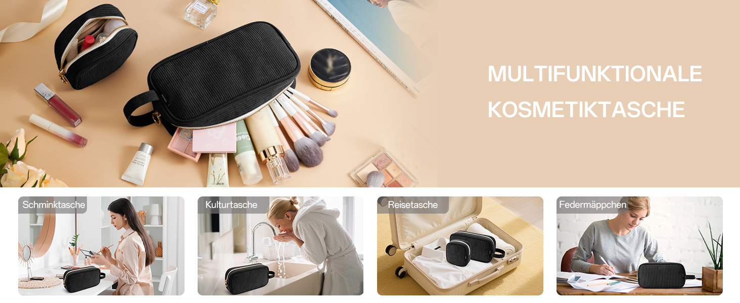 Косметичка для жінок Kalidi з корду, містка, з відділеннями, металева блискавка, для подорожей, темно-зелений (чорний)