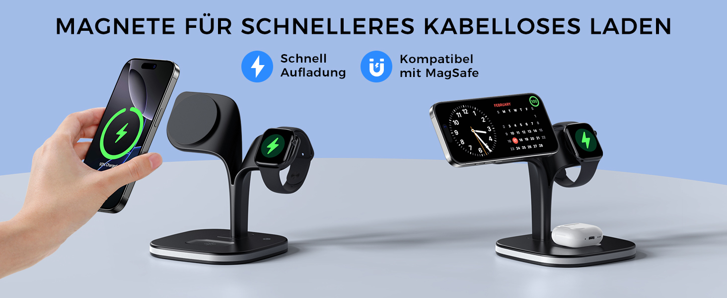 Зарядна станція 3 в 1 для Apple Watch та iPhone з MagSafe, сумісна з iPhone 17 Air 16 15 14 13 12, Apple Watch 11 10 9 8 7 6 5 4 3 2 SE Ultra, AirPods Pro/4/3/2, білий (чорний)