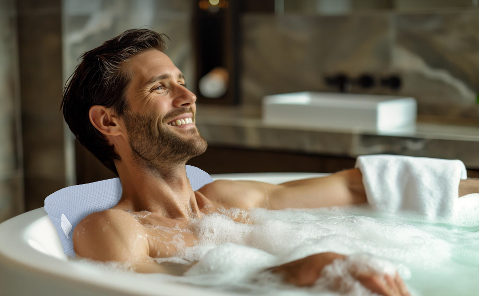 Подушка для ванни з сіткою для прання - Максимальний комфорт та релаксація з Air Mesh технологією. Подушка для ванни з 4 міцними присосками. Підтримка шиї/голови (Світло-блакитний)