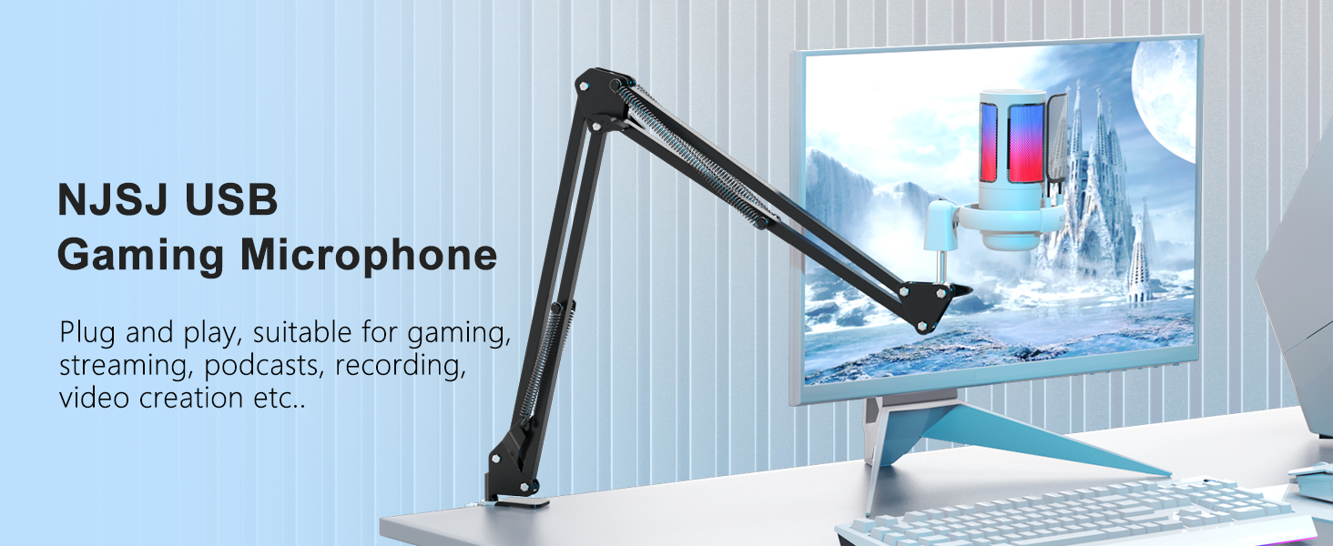 Мікрофон для ПК NJSJ Gaming з тримачем, USB для MAC PS4 PS5, з кнопкою вимкнення звуку, навушниками, поп-фільтром, конденсаторний кардіоїдний для подкастів та стрімінгу (білий)