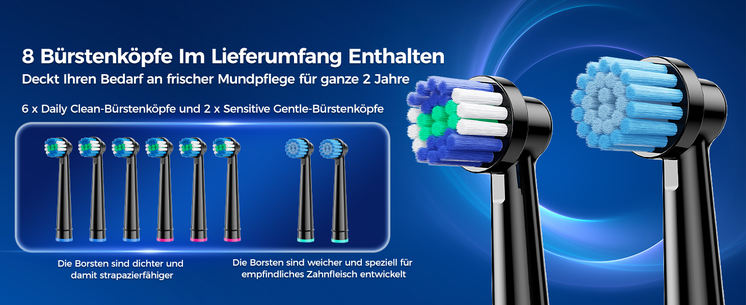 Електрична зубна щітка з круглою голівкою – 50 000 рухів/хв, 8 насадок, 3 режими інтенсивності та 5 режимів чищення, до 120 днів роботи, IPX7, кейс для подорожей та тримач, для дорослих та дітей (Чорний, 1 комплект)