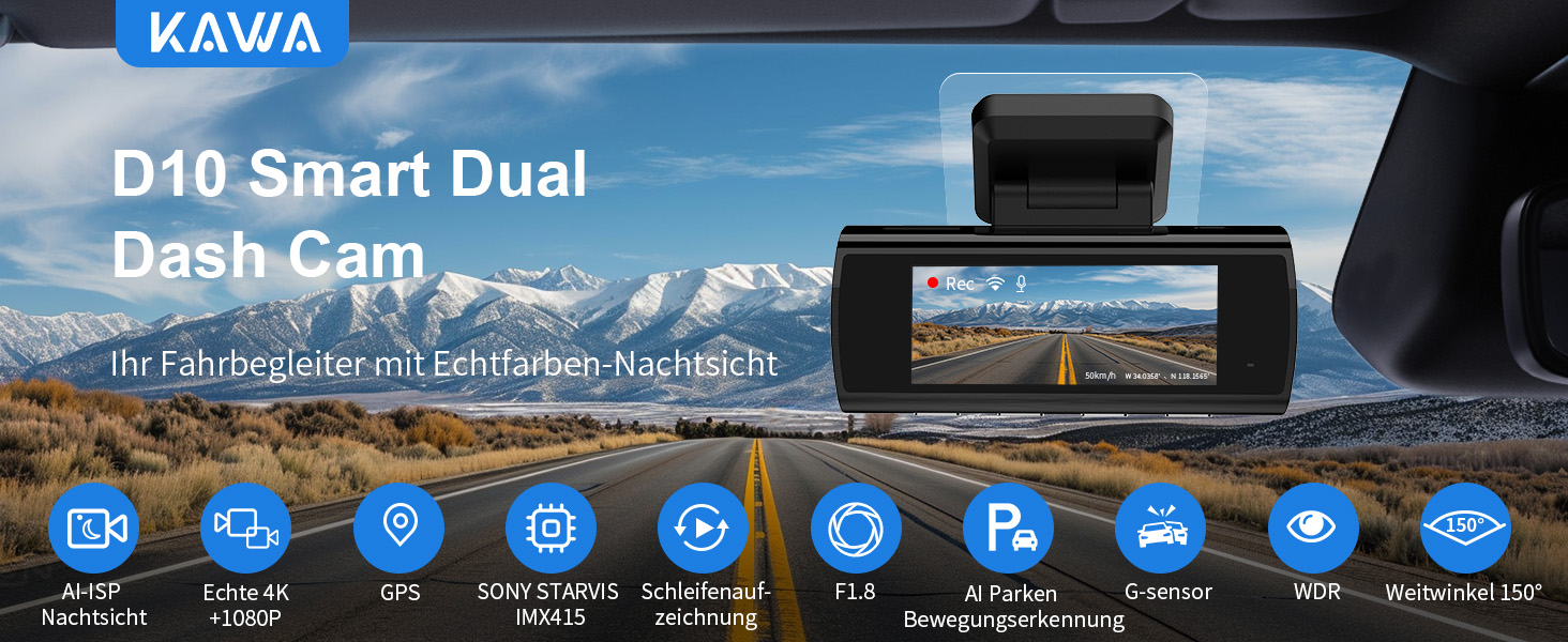Відеореєстратор KAWA 4K Dual з GPS, WiFi, IPS екраном та 64GB SD-картою