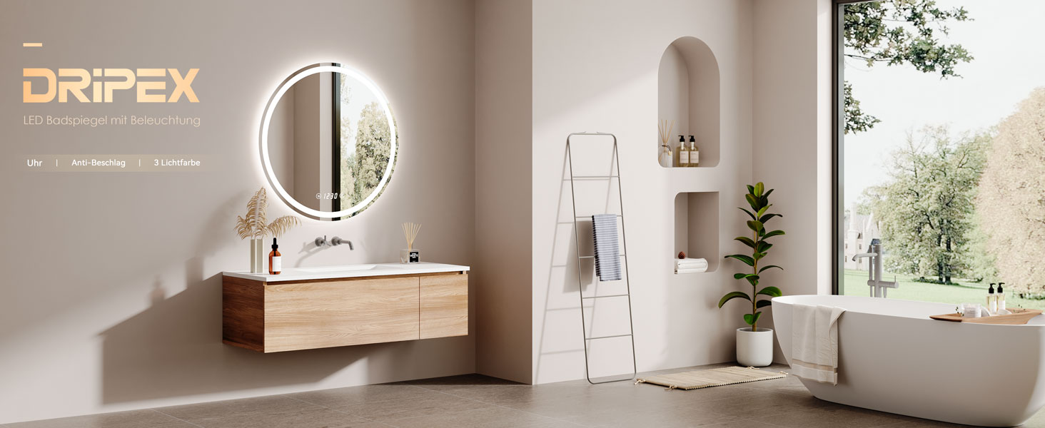 Дзеркало для ванної кімнати Dripex круглої форми з підсвічуванням LED, сенсорне керування, регулювання яскравості, 3 кольори світла, запобігання запотіванню, 60x60 см