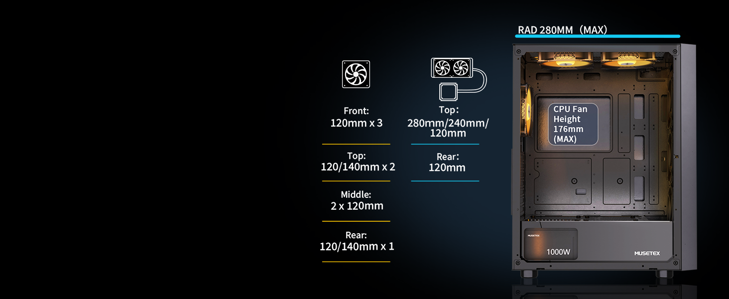 Корпус ПК MUSETEX G07 ATX з 6 вентиляторами ARGB, USB 3.0, чорний, Mid Tower для геймінгу