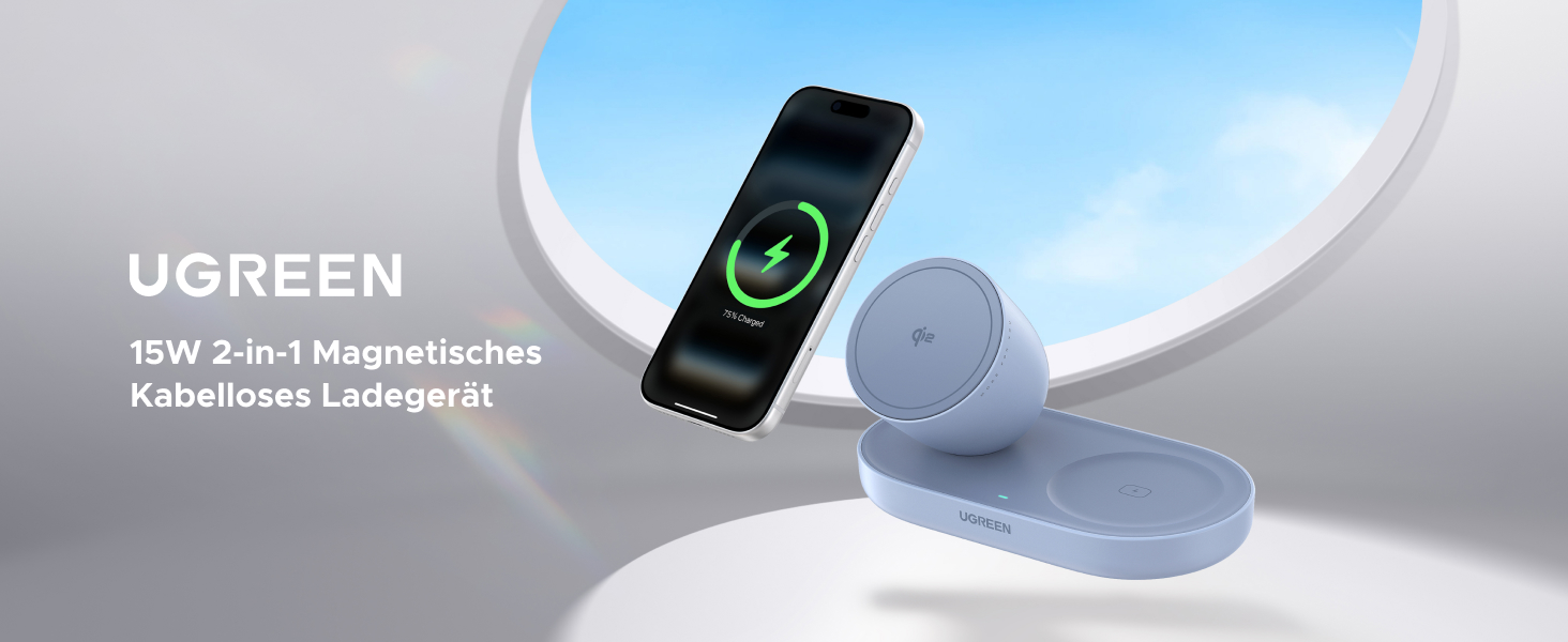 Бездротовий зарядний пристрій UGREEN 2-в-1 15W MagSafe для iPhone 15/14/13/12/17/16 та AirPods, кабель 1м - Синій